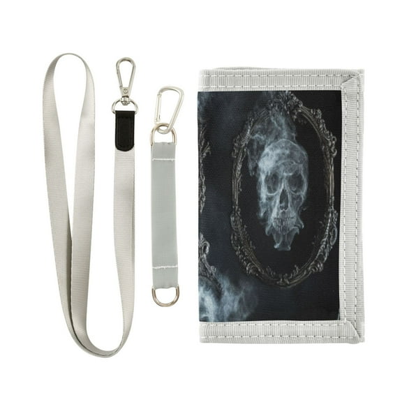 Cloth Wallet with Lanyard & Multiple Compartments Fashion Purse Zipper Clutch Bag for Cash Cards Coins A Skull