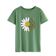 TWY Women Daisy Butterfly Graphic Print Tees Crew Neck Short Sleeves T-Shirt