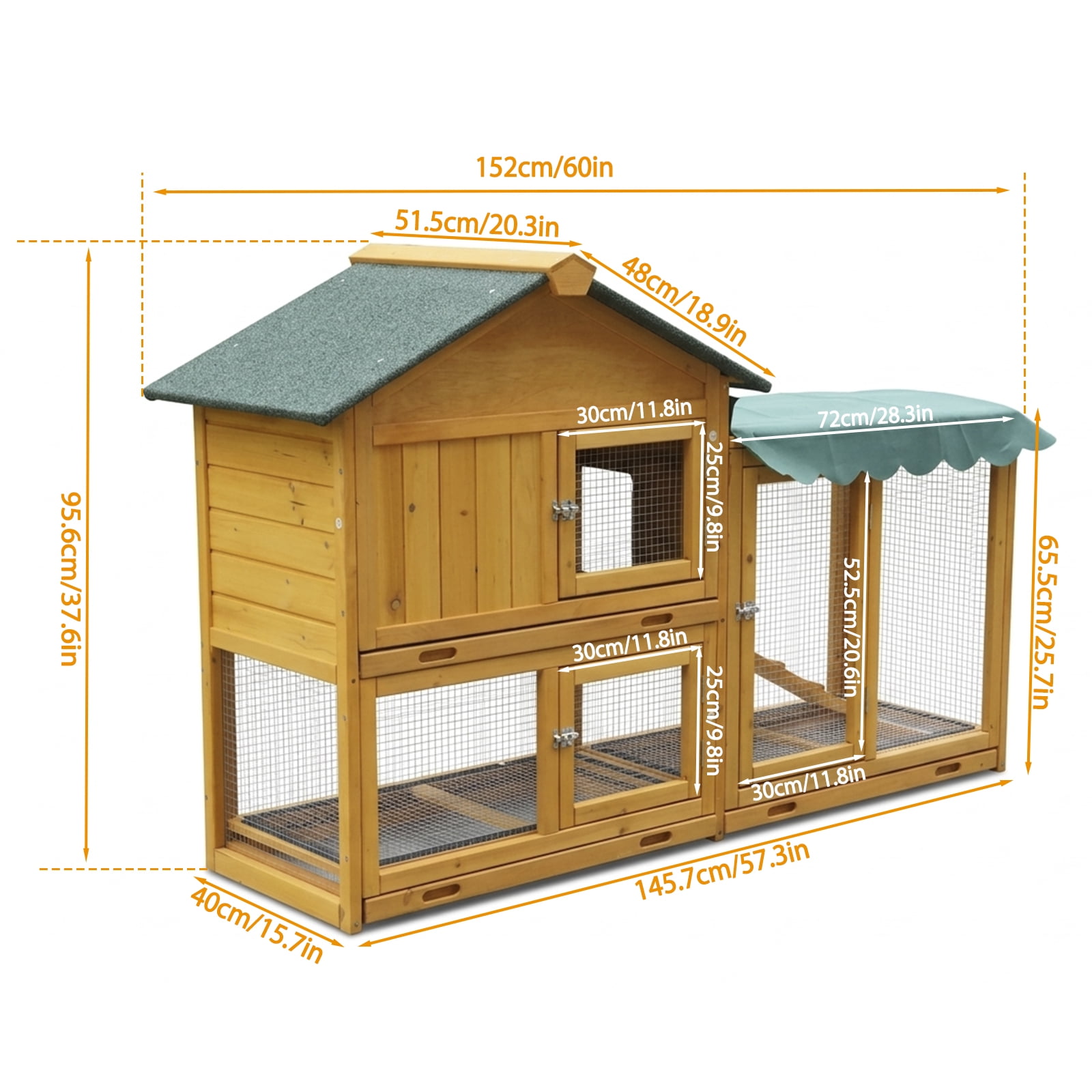 61" Large Wooden Rabbit Hutch with Run, 2-Tier Bunny Cage Indoor Outdoor with Pull-Out Tray & Waterproof Roof, Pet House for Rabbits, Chickens, Hamsters, Guinea Pigs