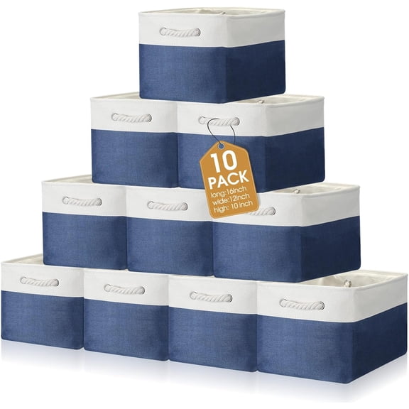 10 Pack Large Collapsible Fabric Storage Baskets with Handles Decorative Storage Bins for Organizing Shelves Toys Clothes(White & Dark Blue,16 x 12 x 10 Inches)