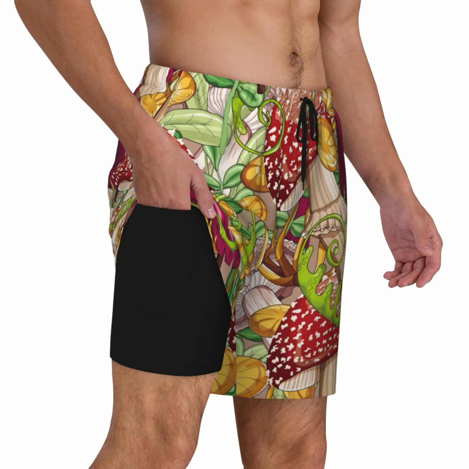 thumbnail image 3 of Haiem Bright Mushrooms Mens Swim Trunks with Compression Liner 2 in 1 Swimming Shorts Stretch Swimwear Quick Dry,Board Shorts-Large, 3 of 9
