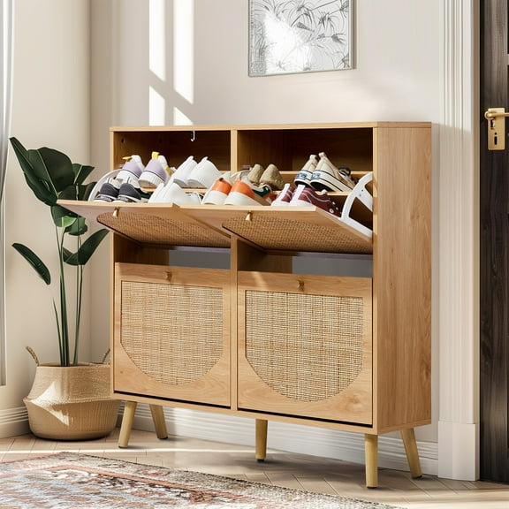 Ktaxon Rattan Shoe Cabinet with 4 Flip Drawers 24 Pairs,Narrow Shoe Storage Cabinet for Entryway, Bedroom, Living Room, Apartment, Natural