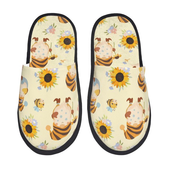 Disketp Watercolor Bee Honey Honeycomb Bee Print Fuzzy House Memory Foam Slippers, Furry Fur Lined Bedroom Shoes, Cozy Indoor-Medium