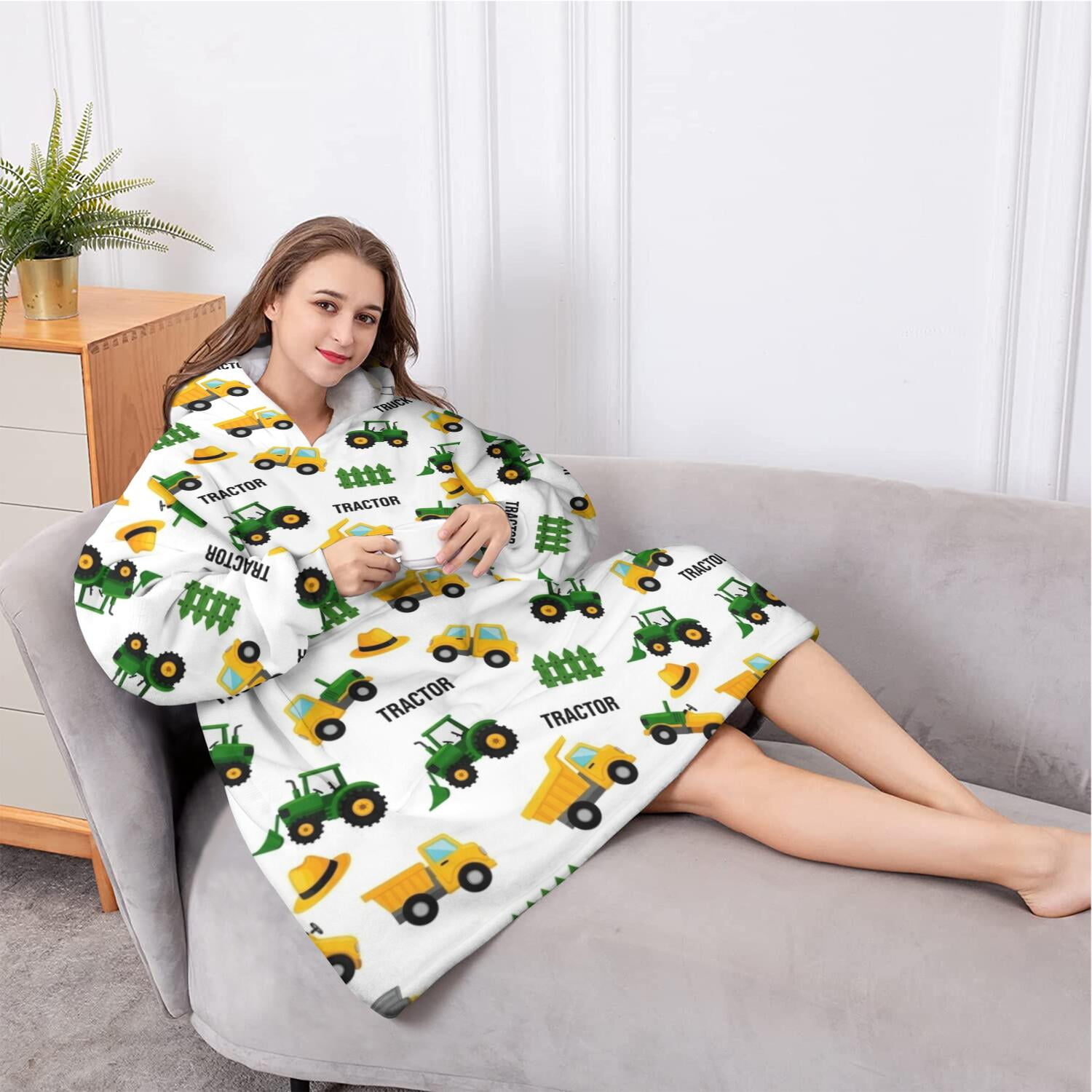 Oversized Wearable Blanket Hoodie,Cartoon Tractors Fences White Pattern Sherpa Blanket Hoodie with Super Pockets,Super Warm Fuzzy Pullover for Women & Men