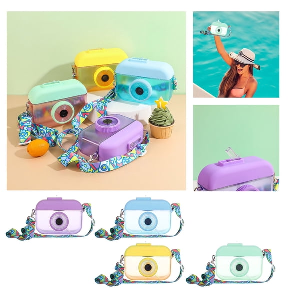 Novelty Camera-Shaped Plastic Water Bottle with Strap, Leakproof Student Tumbler with Straw, Portable Outdoor Juice Cup