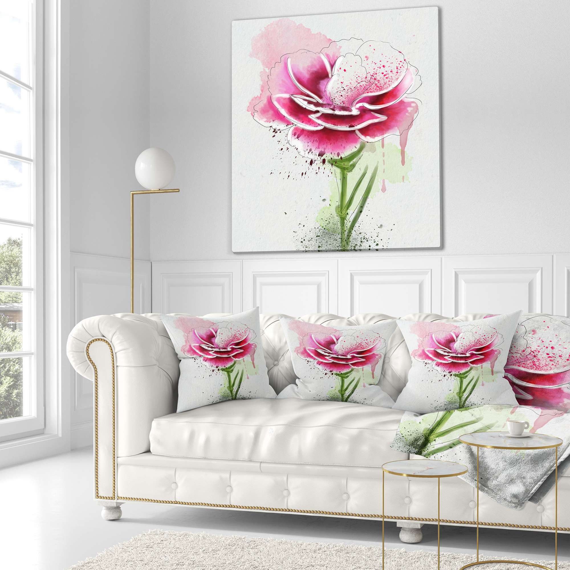 Designart Pink Hand drawn Watercolor Flower - Floral Throw Pillow - 18x18