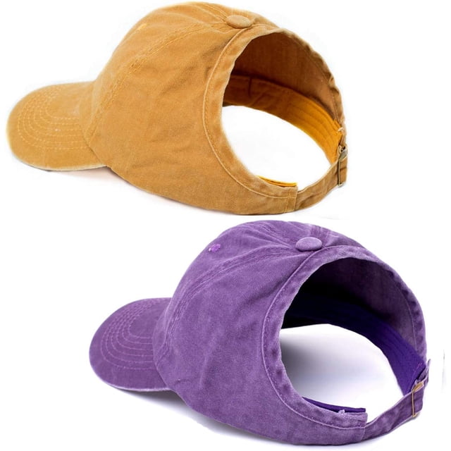 Nvzi 2 Pack Backless Puff Ponytail Hat Curl Cap Natural Curly Hair Hat Baseball Cap Drawstring Ponytail Hat (Purle&Yellow)