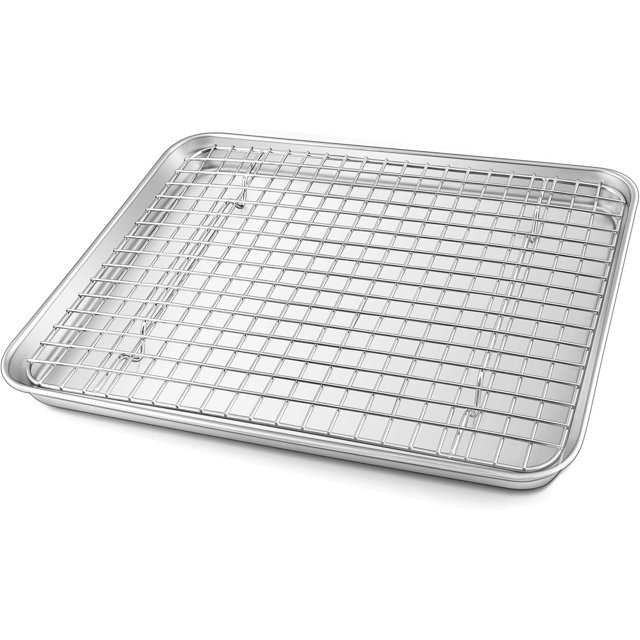 Toaster Oven Pan with Cooling Rack Set .\u\u x \u\u x \u\u Stainless Steel Compact Toaster Oven Small Baking Pan Tray with Mini Grid Rack & HeavyDuty