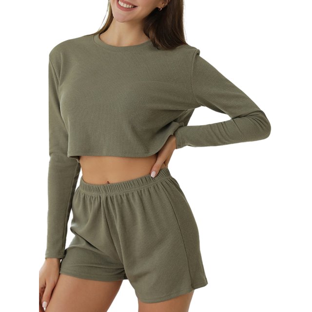 xiaxaixu Ensemble de Pyjama pour Femmes 2 Pcs Tenues de Détente Couleur Unie Col Rond Manches Longues Crop Tops et Shorts Tenues de Nuit