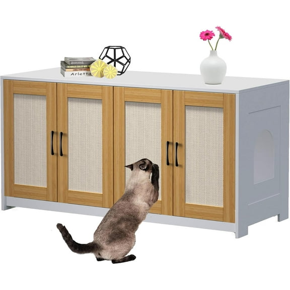 Cat Litter Box Enclosure for 2 Litter Boxes, 47 in Hidden Litter Box Enclosure with Double Room, Wooden Cat House TV Stand Sideboard with 4 Sisal Doors