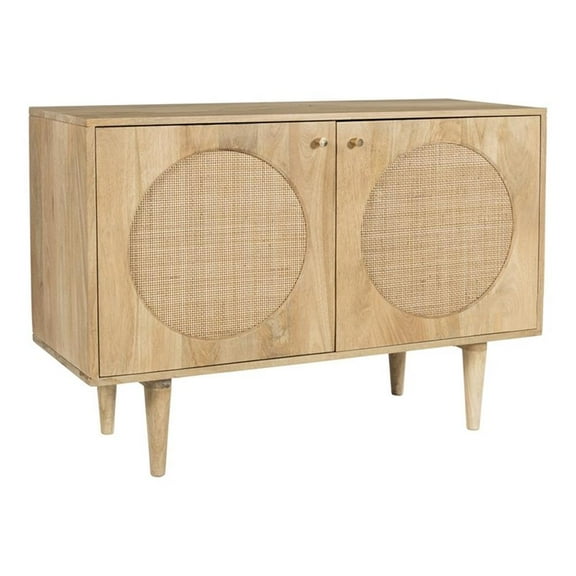Pemberly Row Circle Solid Wood with Natural Woven Cane 2-Door Cabinet in Natural