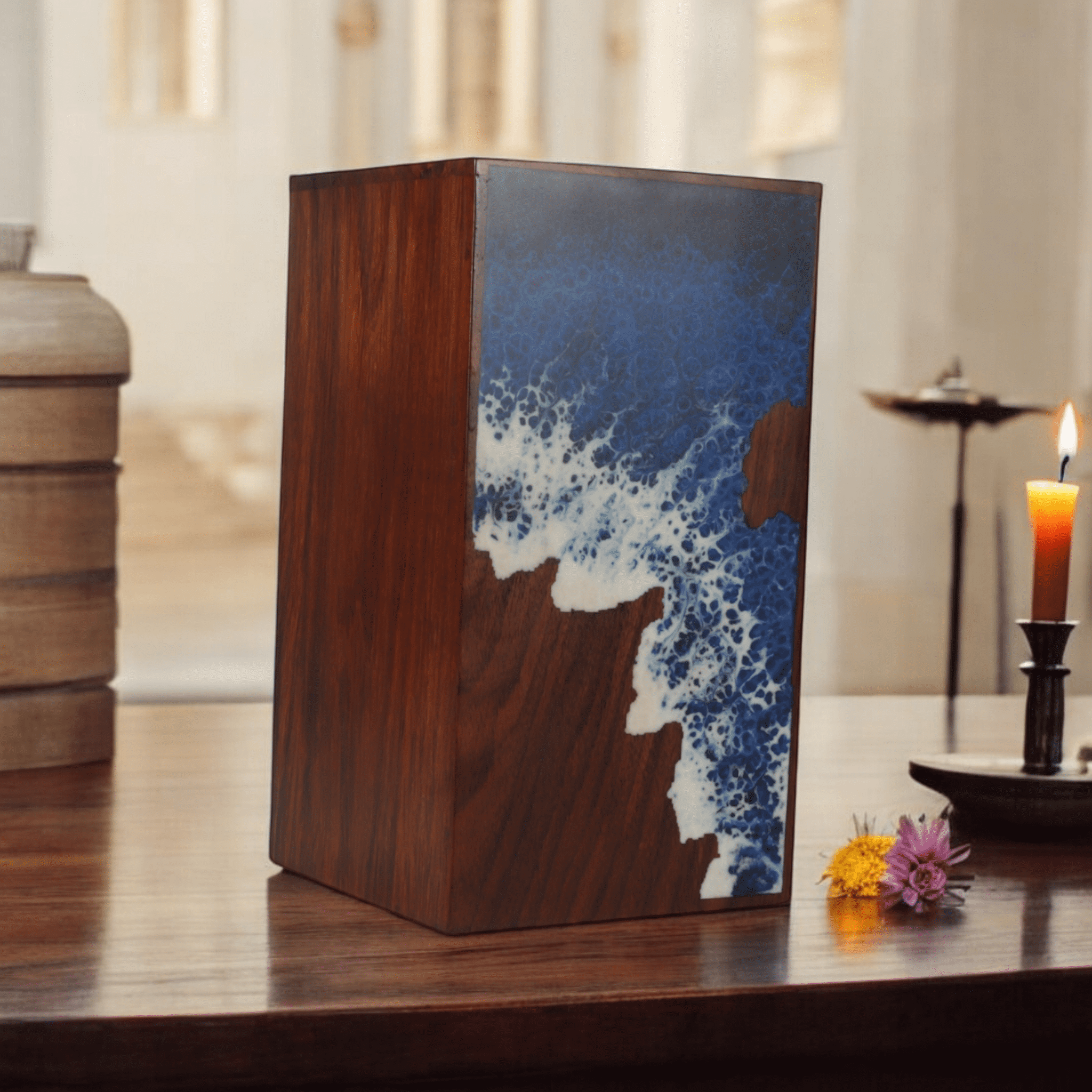 Wooden Cremation Urn for Human and Pet Ashes, Memorial Urn, Burial Urn, Keepsake Urn, Adult Urn with Epoxy Design (Medium)