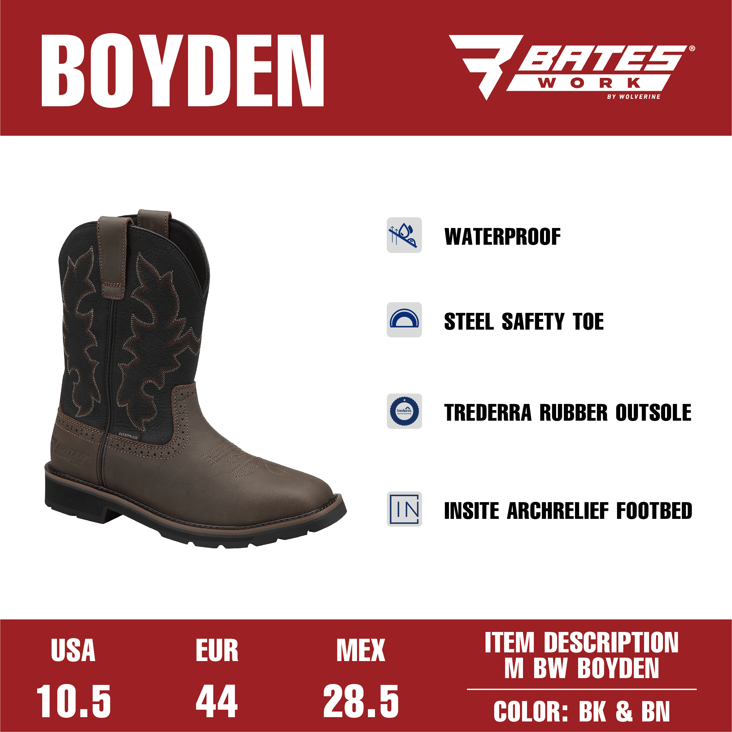 Bates Work by Wolverine Men's Boyden Waterproof Steel Toe Western Work Boot