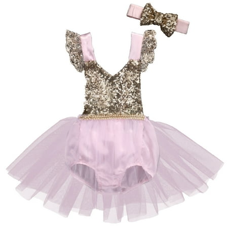 

Toddler Baby Girls Clothing Sequins Princess Romper Lace Party Tutu Flower Jumpsuit +Headband 2pcs Sunsuit Clothing