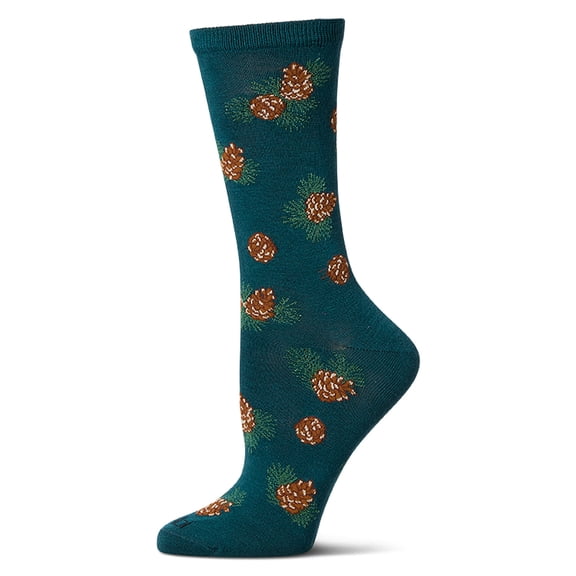 MeMoi Women's Pinecones Themed Rayon Blend Novelty Crew Sock - Womens - Female, 9-11, Dark Spruce
