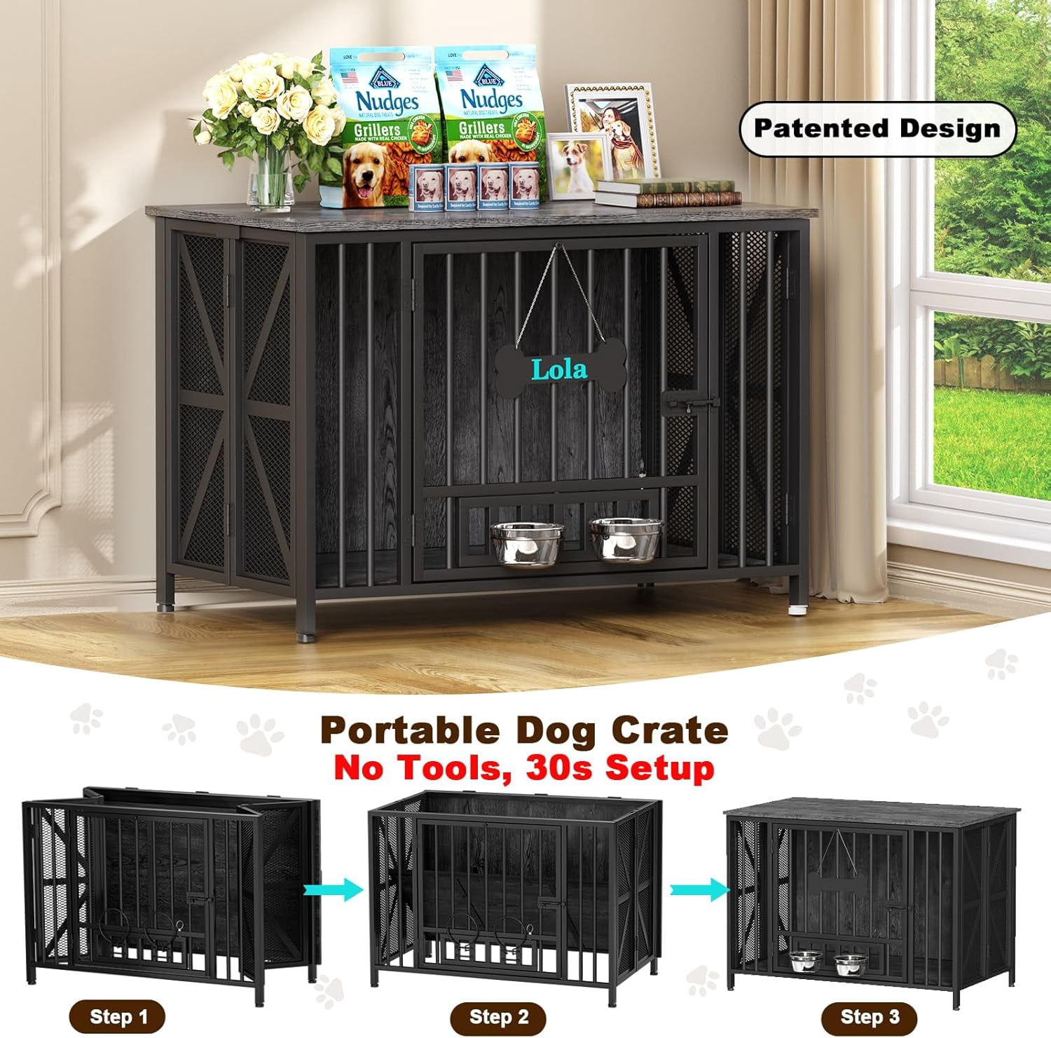 POAO Foldable Large Dog Crate Furniture, 41.3" Assembly-Free Dog Crates for Large Dogs, Decorative Wooden Dog Kennel Indoor with Tag & Dog Bowls
