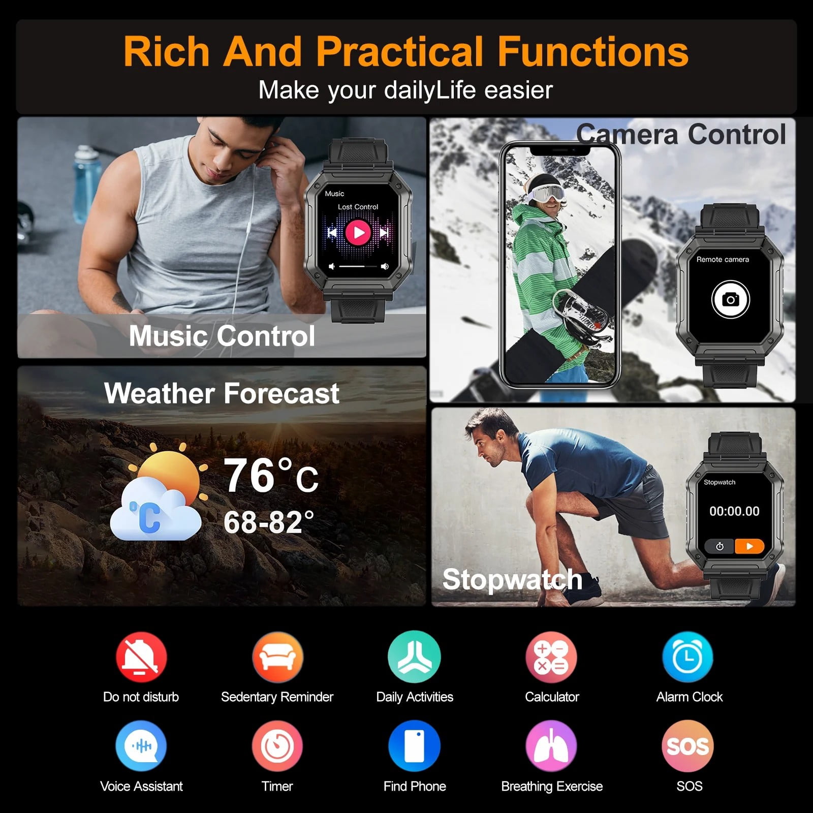 TIGRADE 1.91-inch Men's Smartwatch with 100+ Sport Modes, Call Answer/Dial/IP68 Water Resistant, Men's Good Gift and Fits for Android and Iphone, GREY