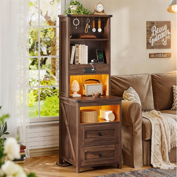 Torveric Extra 51.6’’Tall Wood Nightstands with Charging Station and 2 Drawers & LED Bookshelf with Storage, Oak Brown