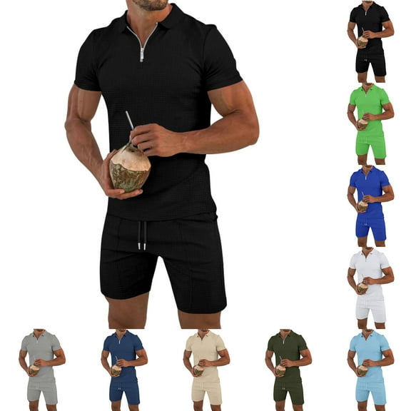 VBTAPA Mens Shorts Sets 2025 Summer 2 Piece Outfits Waffle Knit Quarter Zip Polos with Drawstring Waist Shorts Casual Golf Track Suit Beach Vacation Set with Pockets Daily Sale Black XXXL