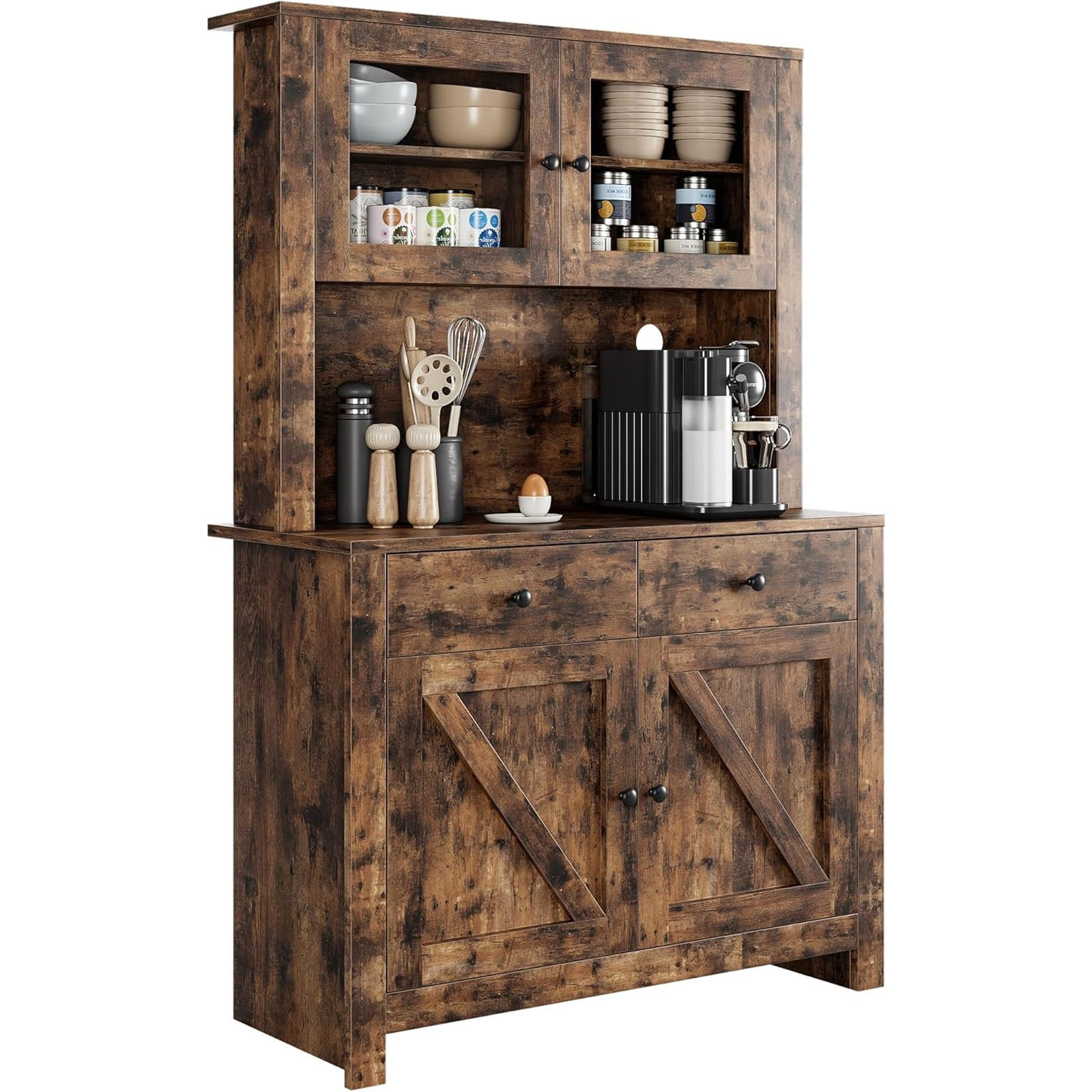 Kitchen Pantry Cabinet with Microwave Stand, Freestanding Hutch Cabinet with Buffet Cupboard, Tall Storage Cabinets with Adjustable Shelves for Kitchen, Dining Room