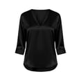 thumbnail image 4 of Silky Satin V Neck Blouse for Women Roll Cuffed 3/4 Sleeve Loose Tunic Shirts Business Casual Tops Lightweight Summer Trendy Outfits Black, 4 of 7