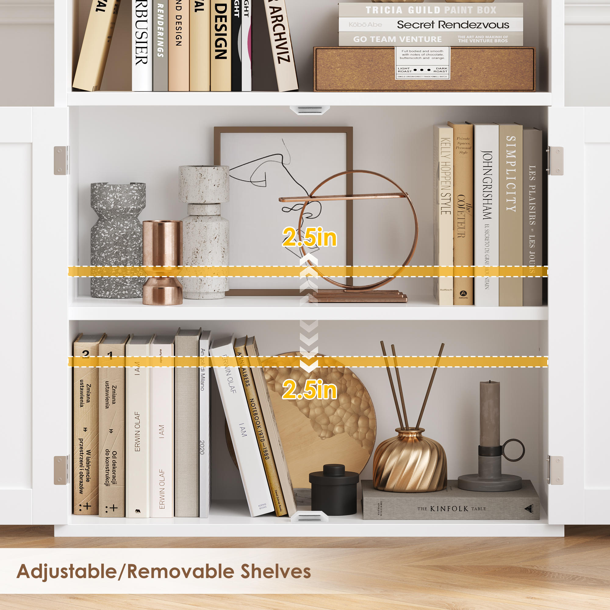 Hiphuta 5-Tier Bookcase with Doors, White, 82.3 Inches photo 3