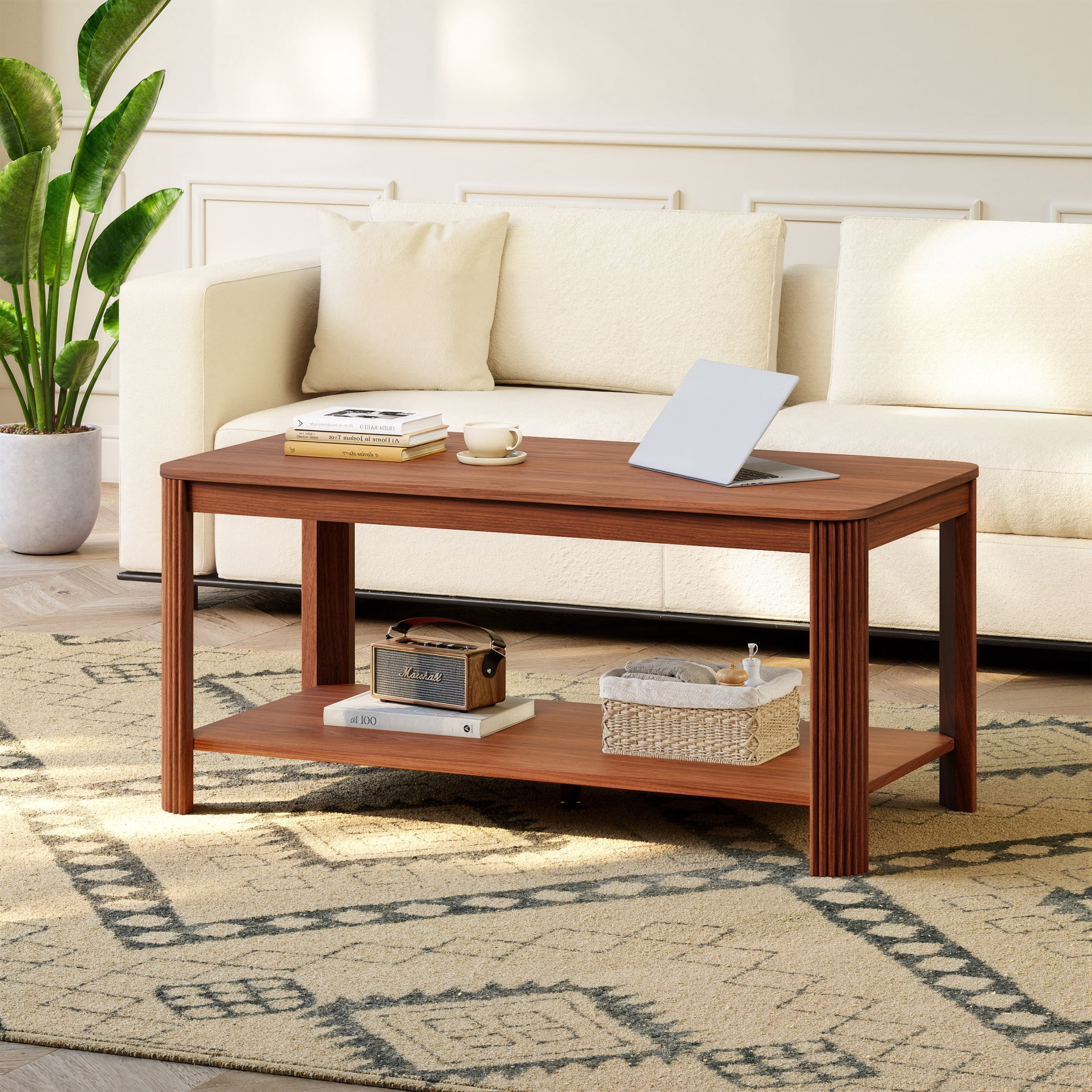 Noble House 39.4" Rectangular Coffee Table with 2-Tier Storage Shelf, Vertical Wave Grain Legs, Walnut