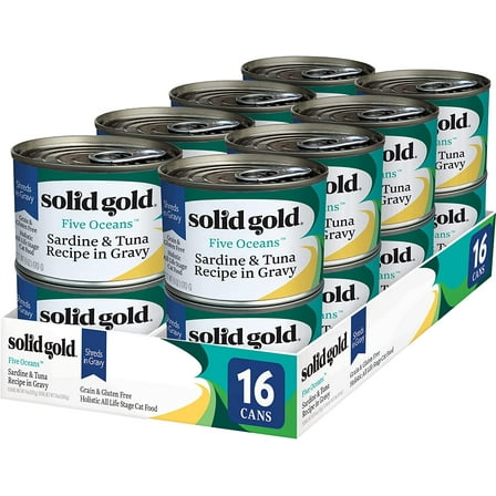 Solid Gold Shreds in Gravy with Real Tuna & Sardine for Cats - Canned Wet Cat Food - Grain & Gluten Free Shreds with Gravy - Superfood, Protein, Vitamins, Minerals & Amino Acids - 16ct/6oz Can