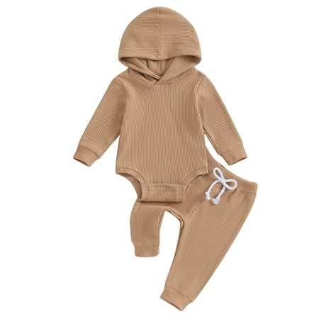 

Qtinghua Infant Toddler Baby Girl Boy Hooded Jumpsuit Waffle Long Sleeve Romper+Long Pants Fall Clothes Khaki 12-18 Months