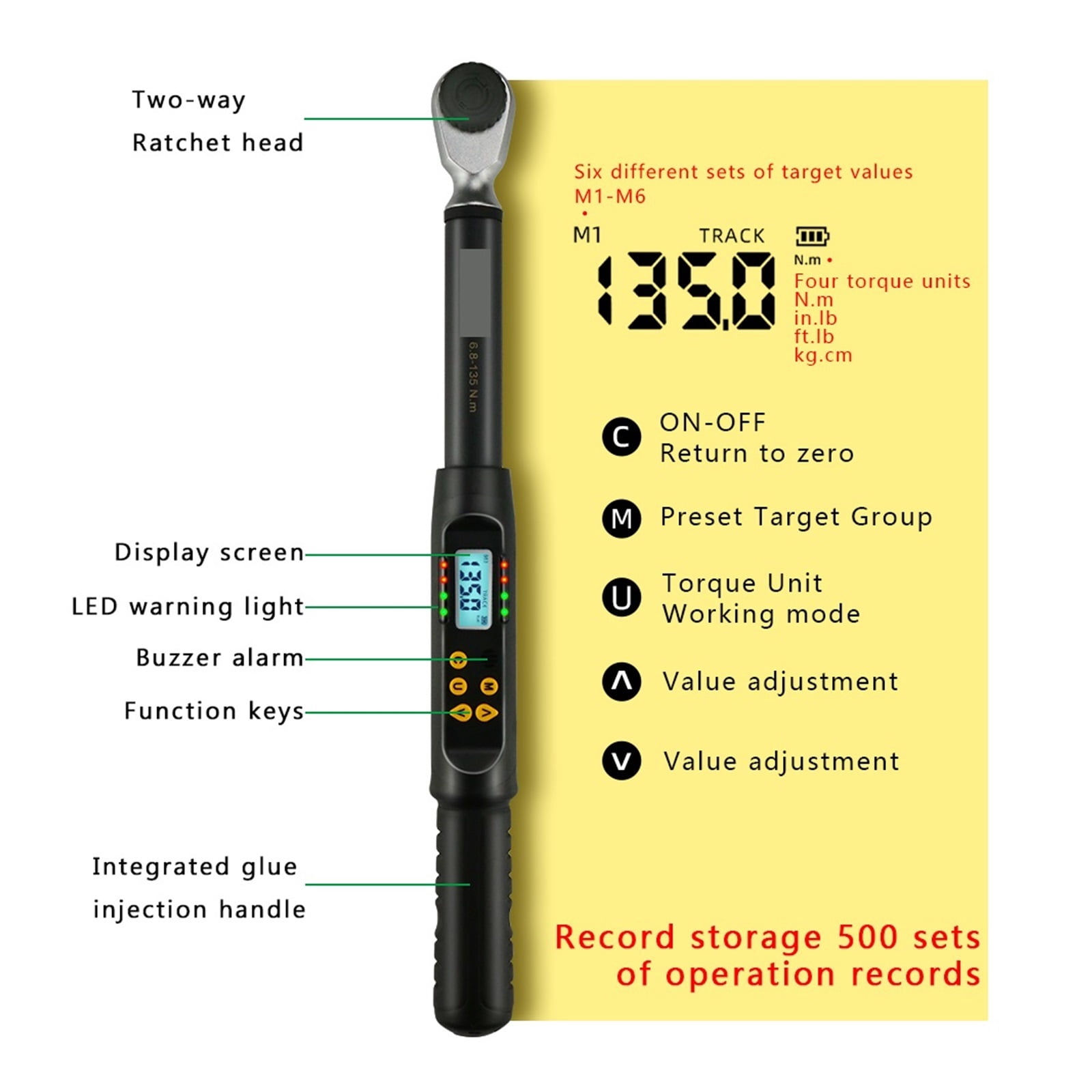 3/8" 1/2" Digital Torque Wrench Professional Adjustable High Accuracy Data Save Bike Car Bicycle Repair Torque Tool Key ,Versatile Torque Units