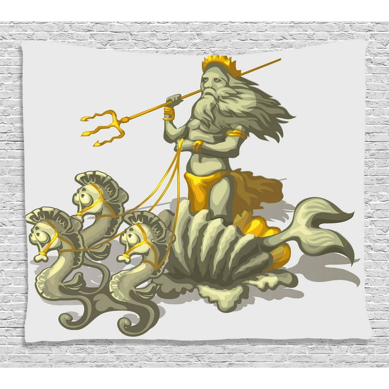 Animal Decor Tapestry, Old Mythologic Character Triton in Shell with  Seahorse Poseidon Greek God, Wall Hanging for Bedroom Living Room Dorm  Decor, 60W X 40L Inches, Green Golden, by Ambesonne 