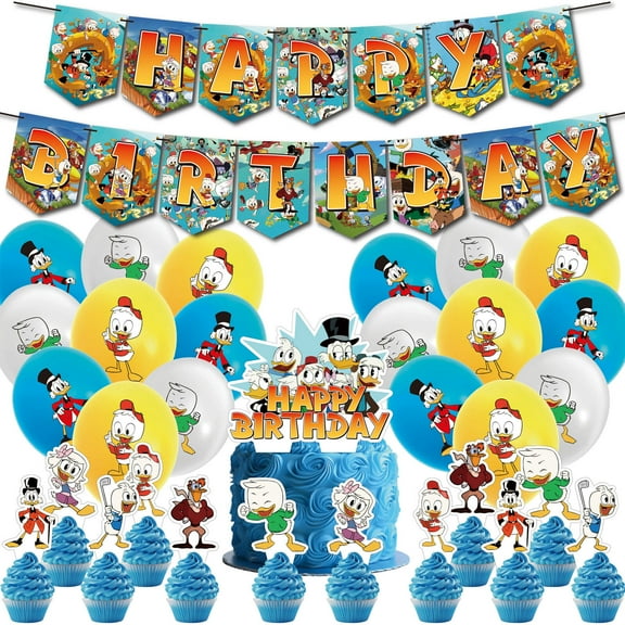 32 Pcs For DuckTales Theme Birthday Party Decorations and Supplies Set – Includes 1 Banner, 12 Cupcake Toppers, 1 Cake Topper, and 18 Balloons for Festive Celebrations