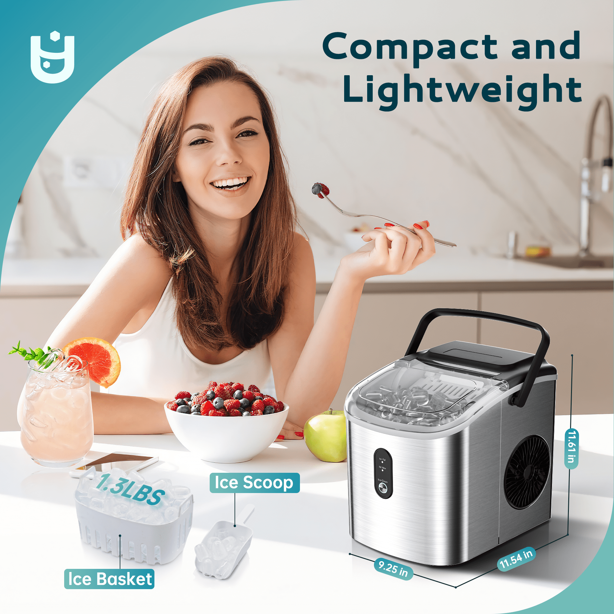 EUHOMY Countertop Ice Maker 26 lbs/Day Portable Self-Cleaning, 9 Bullet Ice in 6 Min, Silver