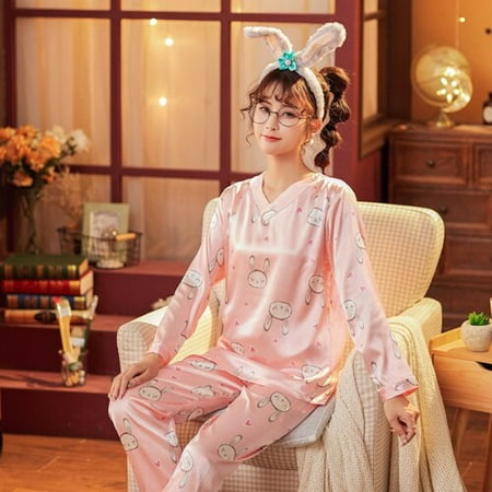 

DanceeMangoo Pajamas for Women Autumn New Womens Silk Long Sleeve Loose Print Christmas Women Sleepwear Set Long Pants Home Clothes
