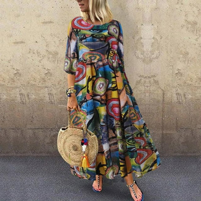 LSLJS Robes d'Été pour Femmes Manches 3/4 Amples en Coton et Lin Imprimé, Robe Grande Taille Cadeaux pour Femmes