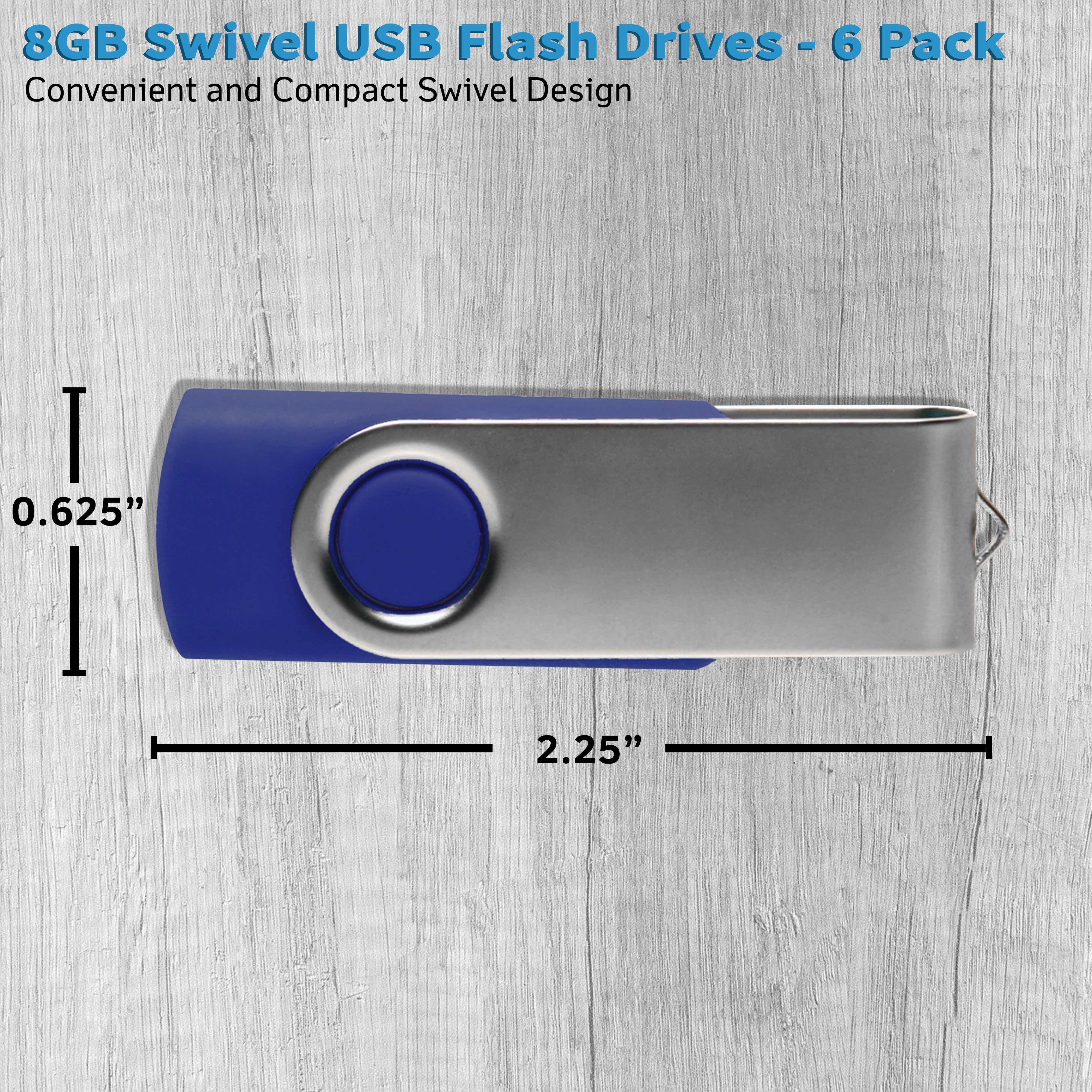 6 Swivel USB Flash Drives Pack, 8GB - Pocket size, Long Data Retention - Blue