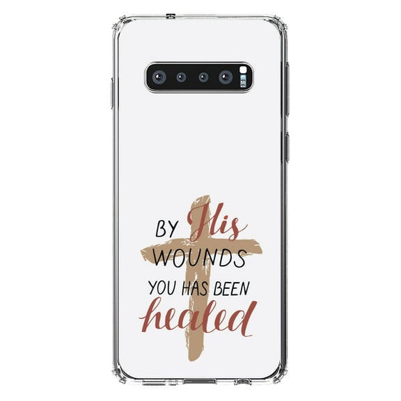 DistinctInk Clear Shockproof Hybrid Case for Samsung Galaxy S10 (6.1" Screen) - TPU Bumper, Acrylic Back, Tempered Glass Screen Protector - By His Wounds You Has Been Healed - Cross