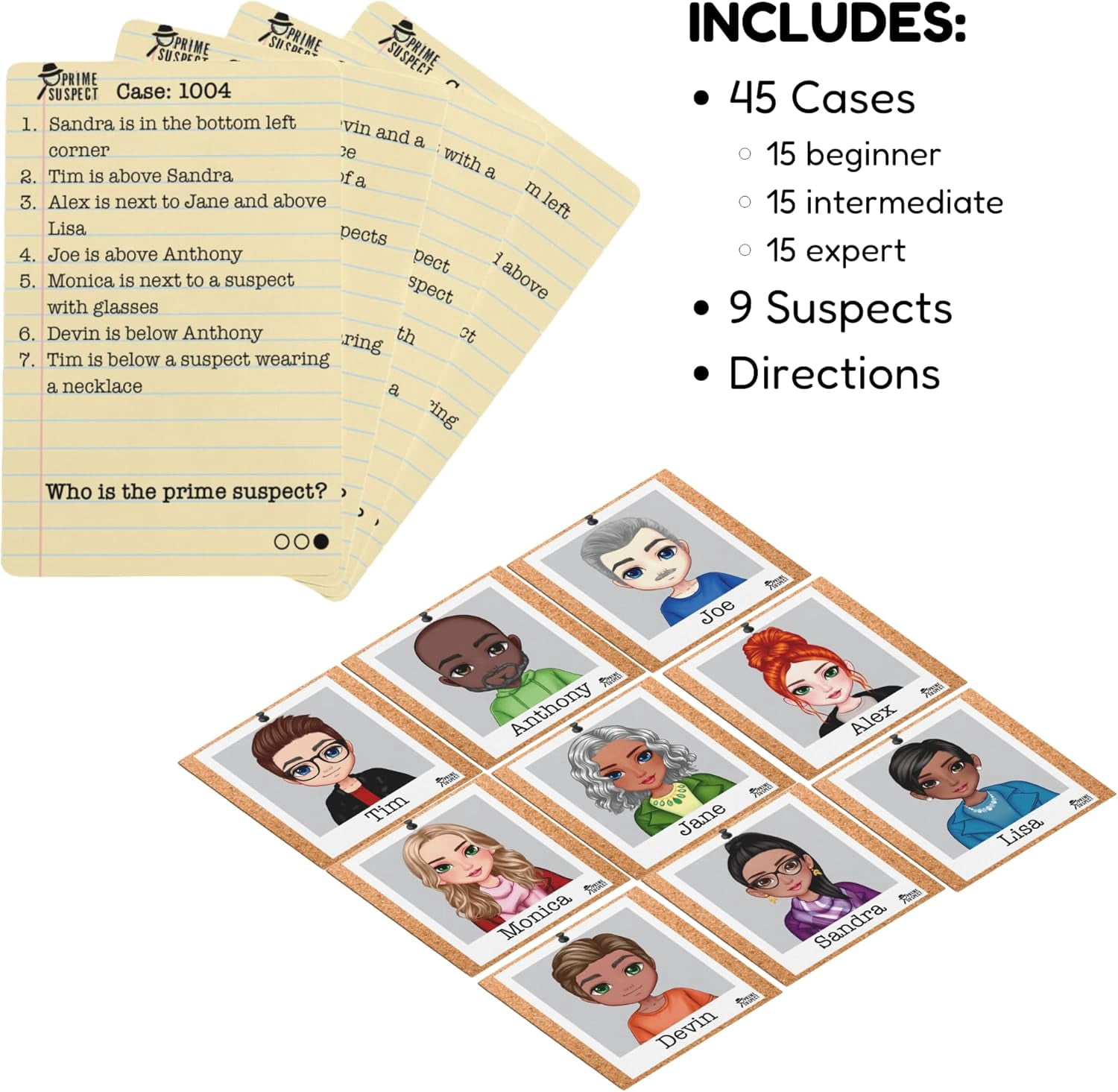Prime Suspect – Logic Deduction Puzzle Game with 45 Case Cards | Single or Cooperative Play | Ages 8+ | Compact Travel Brain Teaser for Kids, Teens & Adults