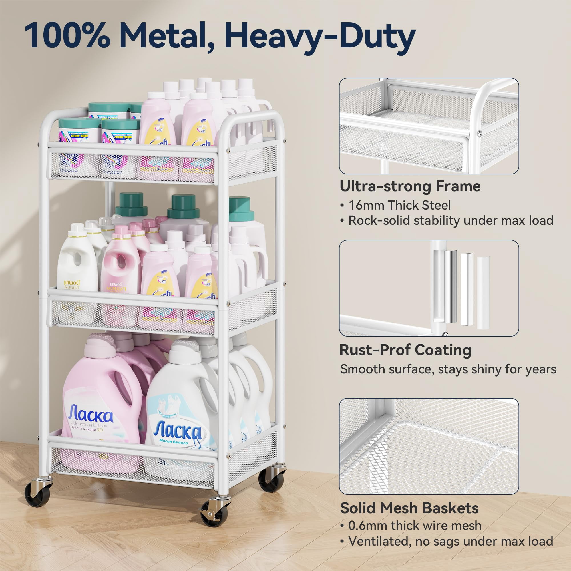 Black Metal Rolling Cart 3 Tier Utility Storage Organizer with Wheels Hanging Cups Hooks Mesh Basket for Bedside Kitchen Office