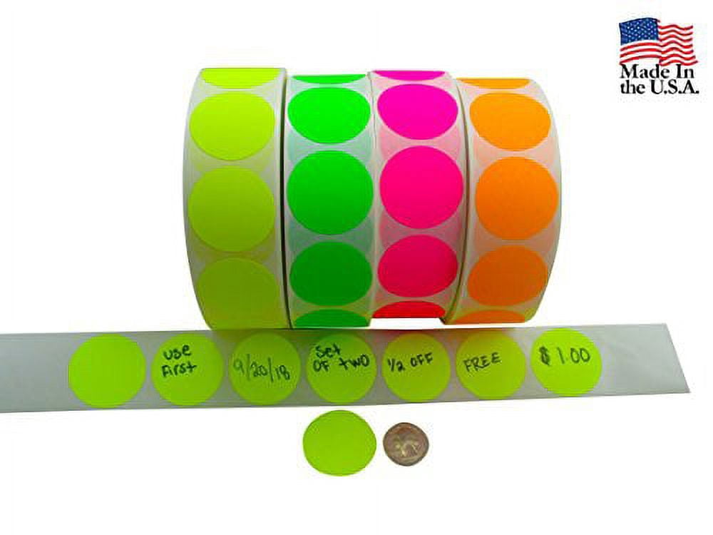 Circle Stickers Color Coding Labels Super Bright Fluorescent Neon Yellow, Green, Orange and Pink Round Circle Dots For Organizing Inventory 1.5" 2,000 Total Adhesive Stickers (500 of each color)