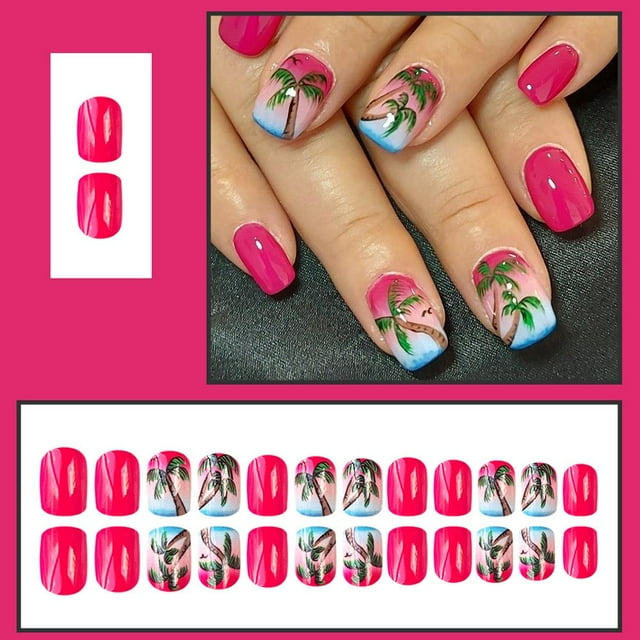 Summer Hot Selling Short Square Fake Nail Pink Elements Tree Beach Wearing Seaside T1d8