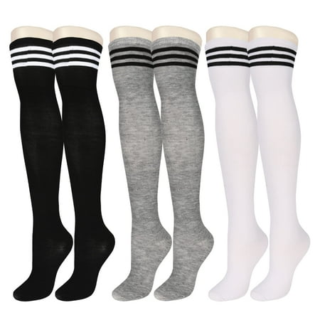 

Benefeet Sox 3 Pairs Womens Girls Extra Long Thigh High Socks Striped Over Knee High Thin Long Cotton Stocking Gothic Socks for Women 3 Pack-Black White Gray