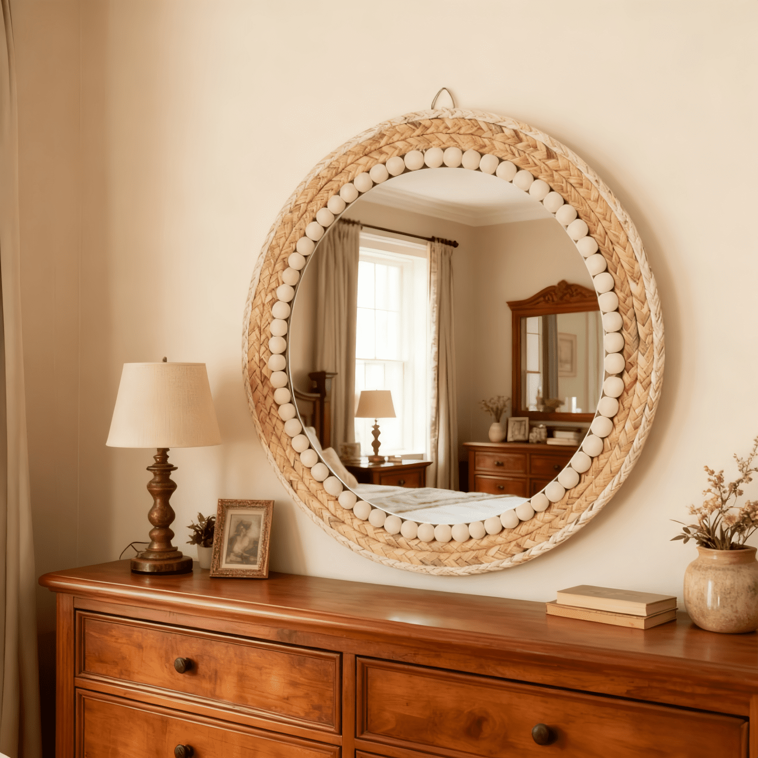 MEHOOM 17" Round Boho Wall Mirror, Rattan Hanging Mirror for Bedroom, Living Room, Farmhouse Decor