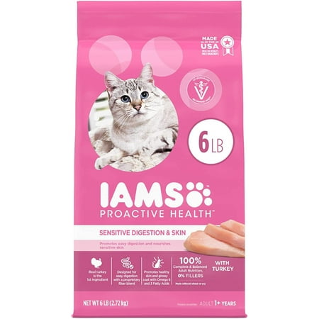 IAMS Proactive Health Adult Sensitive Digestion & Skin Dry Cat Food with Turkey, 6 lb. Bag