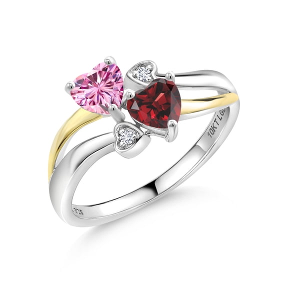Gem Stone King 925 Silver and 10K Yellow Gold Pink Moissanite and Red Garnet and White Lab Grown Diamond Ring for Women (1.12 Cttw, Gemstone, Heart Shape 5MM, Size 5)