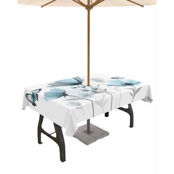Outdoor Tablecloth with Umbrella Hole for Patio/Picnic/Party/Camping, Spring Blue Tulip Waterproof Table Cloth Rectangle Table Cover Washable, Pastoral Botanical Florals Simple 54"x 80"