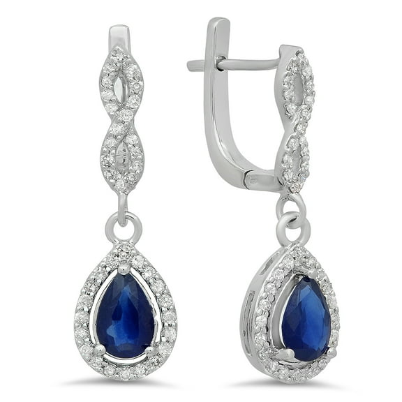 Dazzlingrock Collection 14K Pear Blue Sapphire & Round White Diamond Ladies Halo Style Dangling Drop Earrings, White Gold