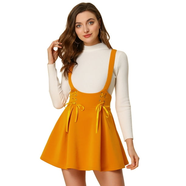 INSPIRE CHIC Faldas Con Tirantes De Cintura Alta Para Mujer Con Cordones Y Minifalda Con Tirantes Amarillo L