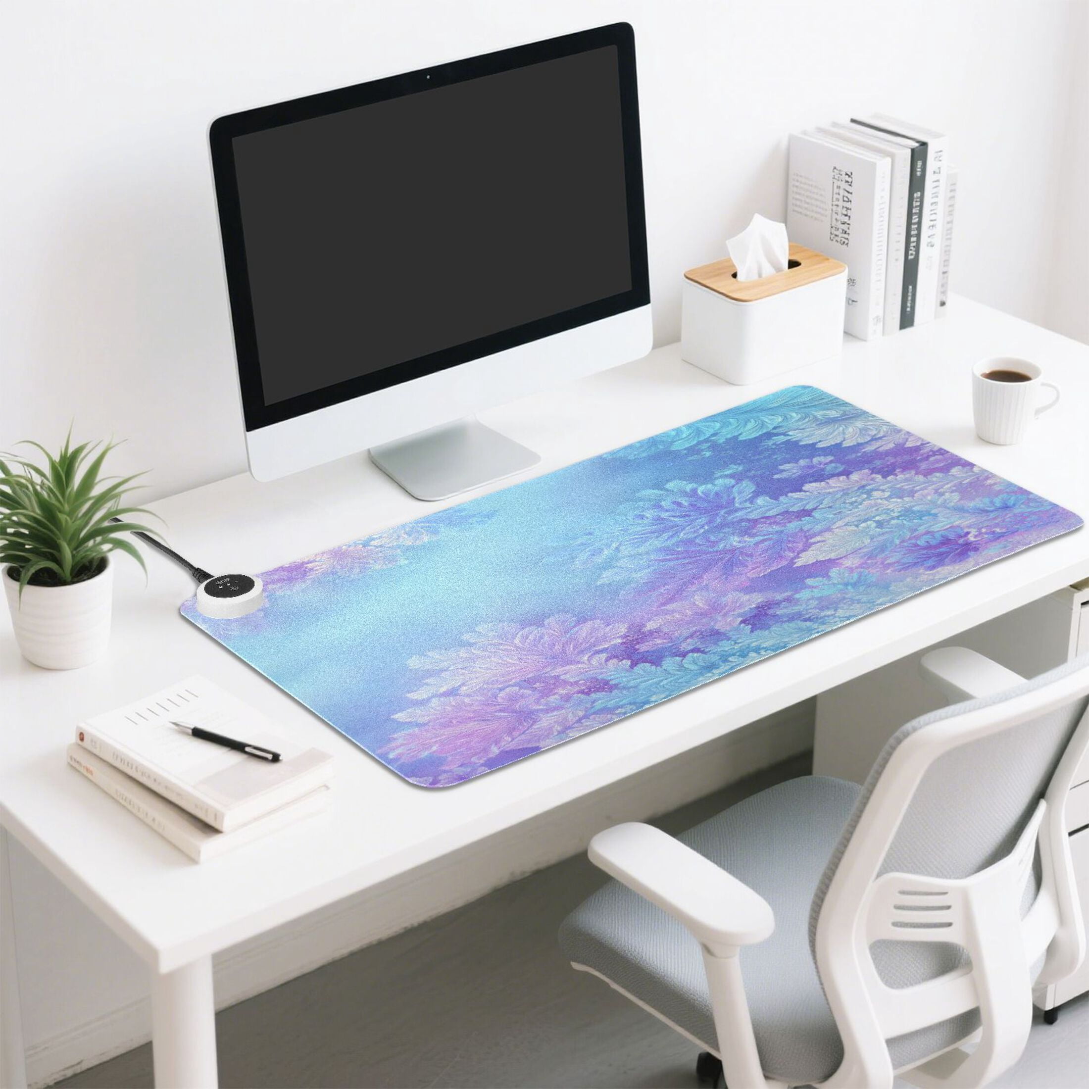 Large Heated Desk Mat Mouse Pad 31.5"x13"PU Leather Graphene Heating Desk Warmer with 3 Temperature Settings 110V US Plug Non-Slip Warm Pad for Home, Office, and Gaming Frosty Floral Ice Pattern