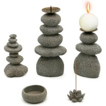 Rock Cairns Candle Holder - Taper Pillar Candle Stick Holder Set of 5 - Balance Stones Candlestick Holders Candlelight Stand for Zen Garden, Altar, Mantle, Yoga, Home Decoration, Meditation Gift
